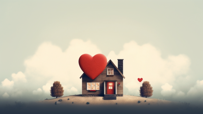 Māja ar sirds simbolu. Audžuģimenes ilustratīvs attēls