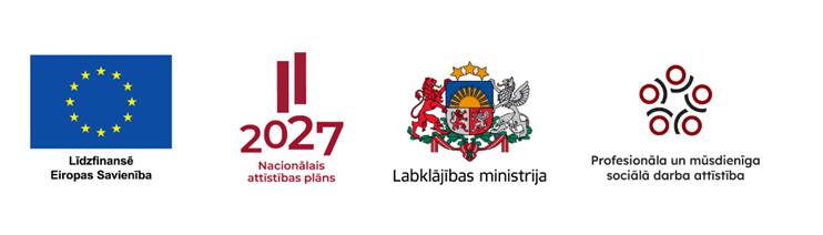 Logo. Līdzinansē Eiropas Savienība. Nacionālais attīstības plāns. Labklājības ministrija. Profesionāla un mūsdienīga sociālā darba attīstība