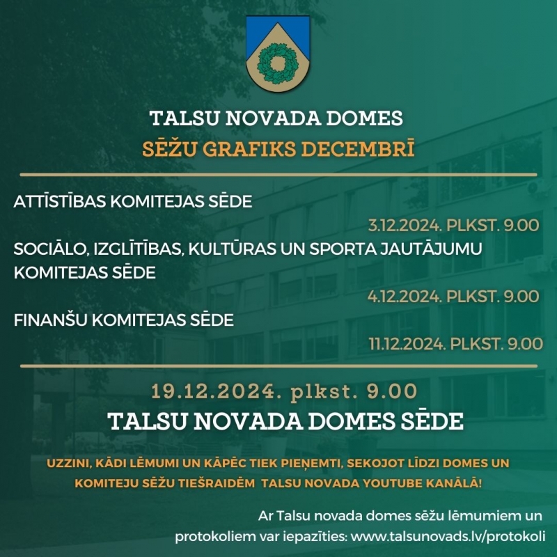 Talsu novada domes sēžu grafika decembrī attēls