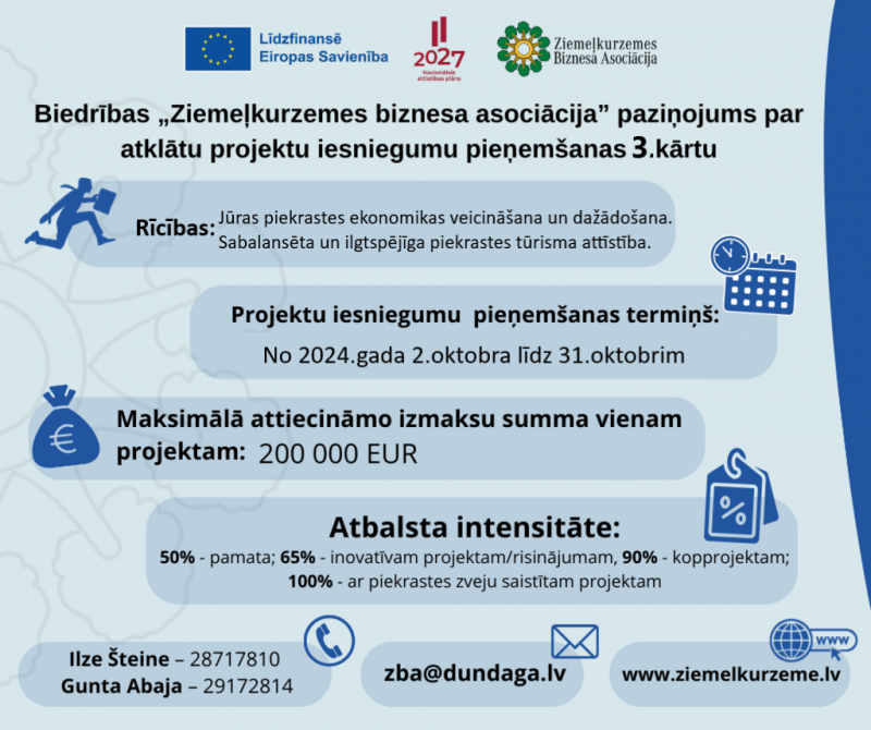 Biedrības „Ziemeļkurzemes biznesa asociācija” paziņojums par atklātu projektu iesniegumu pieņemšanas 3. kārtu