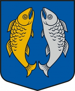 Rojas pagasta ģerboņa heraldiskais apraksts: zilā laukā viena pret otru divas lecošas zivis: zelta un sudraba.